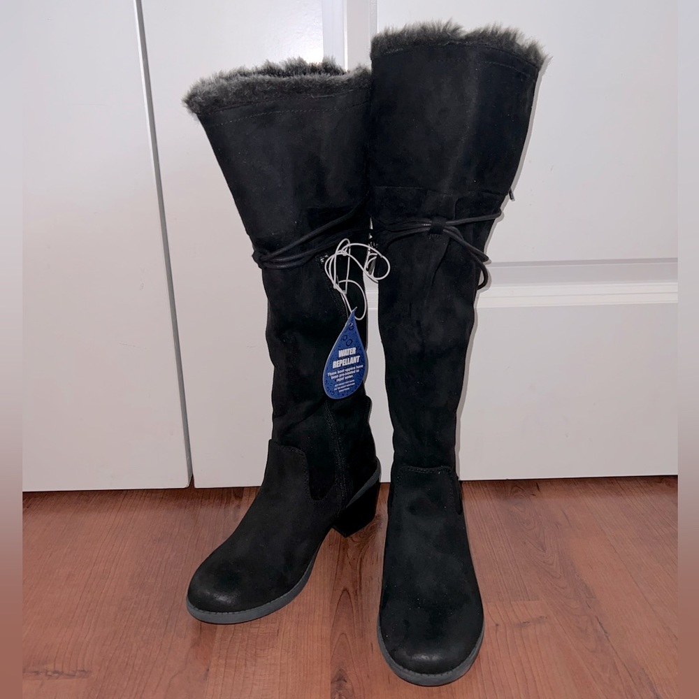 NWT Black Over the Knee Boots Furry Vegan Faux Fur Microsuede Heel
